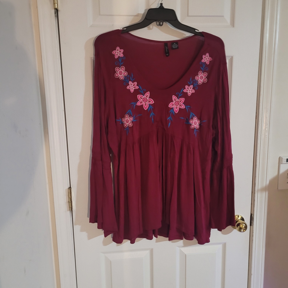 New Directions Burgundy Floral Embroidered Blouse